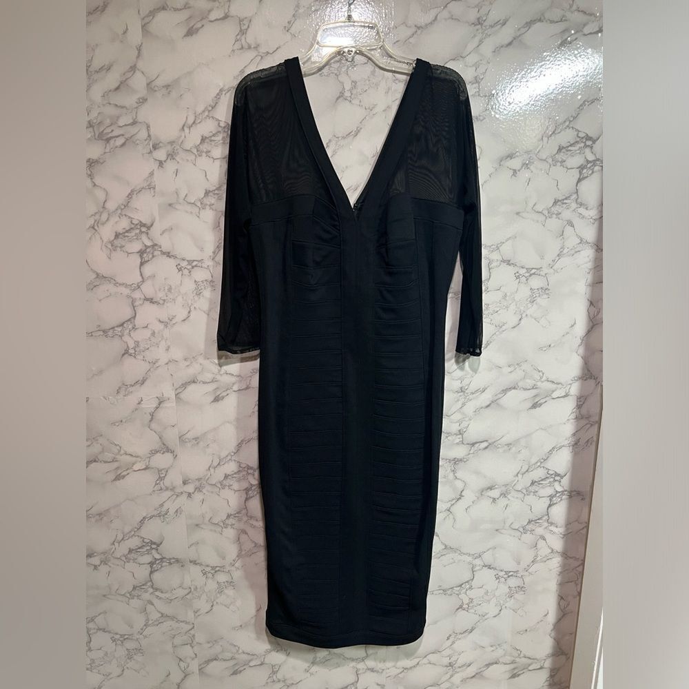 TADASHI SHOJI  Black V Neck Bodycon Long Sleeve Mesh MIDI Dress Womens Size M